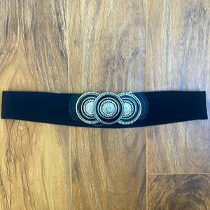 Silver Black Statement Buckle Elastic Belt /size S/M Measure 31”+